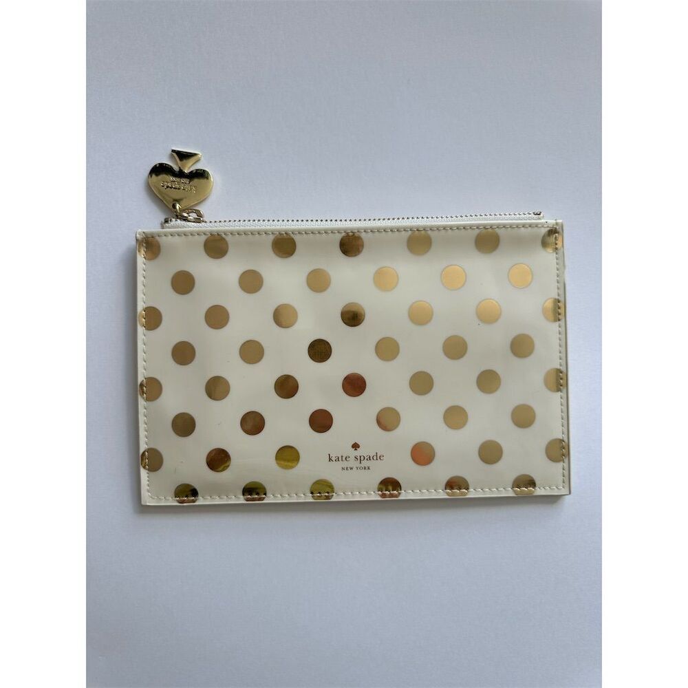 Kate Spade White Clutch Gold Polka Dots Heart Pull Tab Women's Zip Pouch